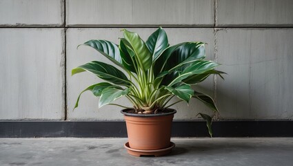 Aufkleber - Lush green Dieffenbachia plant in a terracotta pot on a smooth floor, set against a textured gray concrete wall for a modern aesthetic.