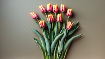 Aufkleber - Vibrant tulips with pink petals and yellow tips arranged artistically on a beige background with lush green leaves creating a harmonious composition