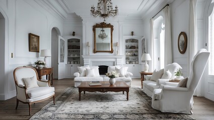 Fototapete - Elegant white interior living room featuring a chandelier, vintage furniture, and decorative elements on a wooden floor, with large windows letting in natural light.