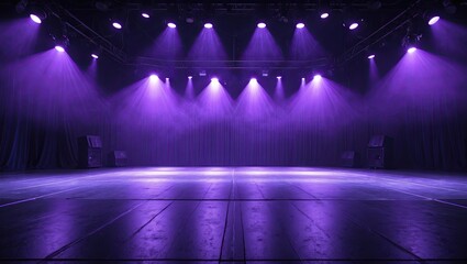 Poster - Purple spotlight illuminates an empty stage with dark curtains, highlighted by soft beams of light and a polished wooden floor in a spacious venue.