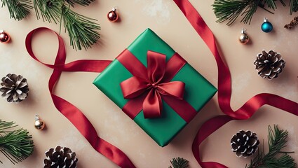 Poster - Green gift box adorned with a red bow surrounded by pine branches, pinecones, and ornaments on a soft pastel background.