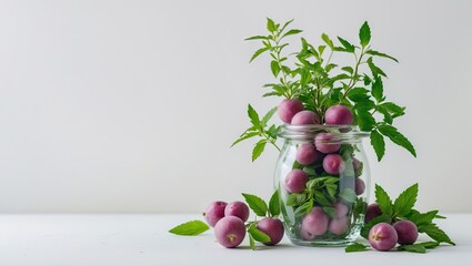 Aufkleber - Fresh purple plums with green leaves arranged in a glass jar on a white background, with scattered plums and leaves in the foreground.