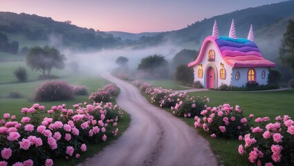Aufkleber - Charming fairytale cottage with a colorful roof surrounded by blooming pink roses on a misty morning, set against a serene landscape.