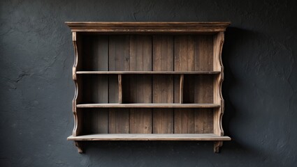 Leinwandbilder - Rustic wooden shelf with an empty space against a textured dark wall background featuring warm brown tones and intricate curved edges for design use.