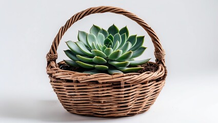 Aufkleber - Succulent plant with lush green leaves in a rounded brown rattan wicker basket, positioned centrally against a clean white background.