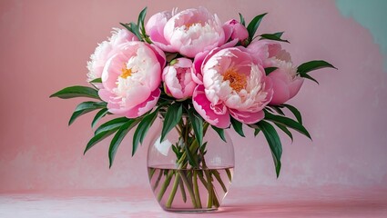 Poster - Elegant glass vase holding a lush bouquet of pink peonies with green leaves set against a soft pastel pink background, capturing serene beauty.