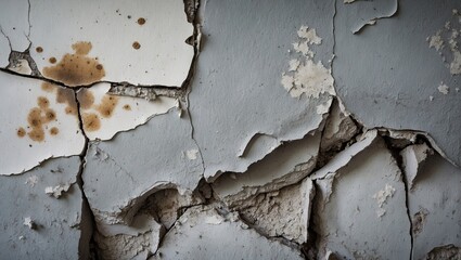 Leinwandbilder - Aged cracked paint on a textured wall featuring shades of gray and white with rust spots in corner details, ideal for backgrounds or artistic concepts.