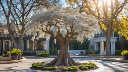 Aufkleber - Elegant decorative tree with white blossoms in a sunlit garden surrounded by greenery and modern architecture creating a serene atmosphere.