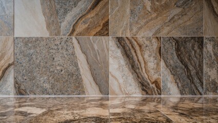 Poster - Marble texture granite wall with earthy brown and gray tones on smooth reflective floor showcasing elegant luxury suitable for interior design projects