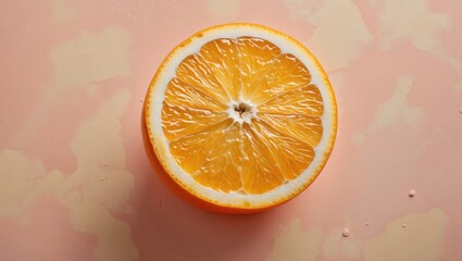 Poster - Juicy orange half featuring vibrant orange flesh and textured rind centered on a soft pastel pink background, highlighting fresh food aesthetics.
