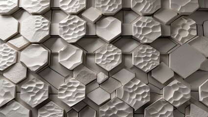 Aufkleber - Textured white hexagonal wall tiles arranged intricately on a wall, featuring a contemporary design with a honeycomb architectural style.