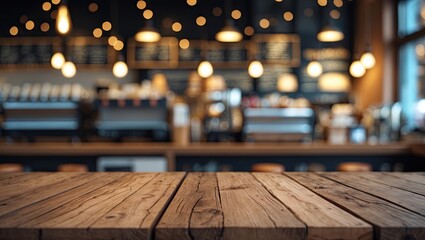 Poster - Wooden tabletop in the foreground with soft bokeh lights in warm tones against a blurred coffee shop background featuring light fixtures and equipment.