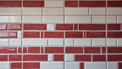 Poster - Horizontal rectangular tiled wall with red and white tiles in varying sizes positioned in a brick pattern, showcasing sleek gaps between tiles.