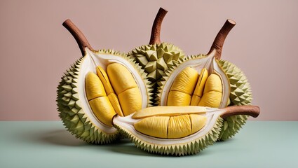 Poster - Durian fruit halves showcasing bright yellow flesh positioned centrally on a soft pastel blue and beige background with texture contrast.