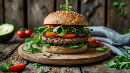 Poster - Vegan rye burger stacked with fresh tomatoes, arugula, and cucumber on a rustic wooden table with a slice of avocado in soft natural light.