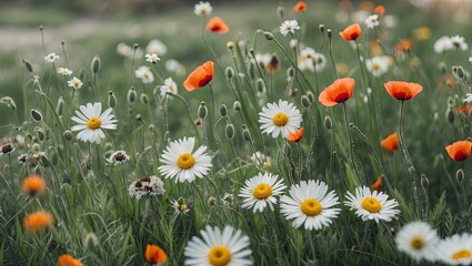 Leinwandbilder - A vibrant field of chamomile daisies and red poppies amidst lush green grass, with wildflowers scattered throughout, creating a serene floral landscape.
