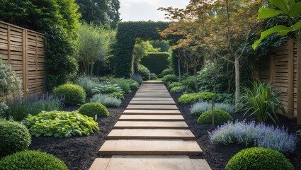 Poster - Tranquil garden pathway featuring neatly arranged stone slabs amidst lush green bushes and vibrant flower beds under soft natural light.