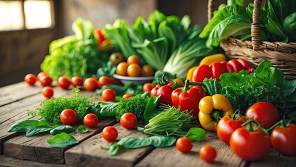 Poster - Vibrant assortment of fresh organic vegetables on rustic wooden table with green leafy background and copyspace for text design