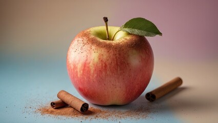 Poster - Red apple with green leaf on pastel blue and pink background, surrounded by cinnamon sticks and dust, capturing a fresh and cozy aesthetic.