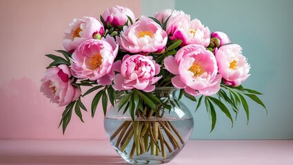 Poster - Elegant glass vase filled with lush pink peonies surrounded by a soft pastel background featuring mint green and light pink hues.