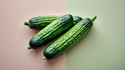 Poster - Fresh green cucumbers arranged on a soft pink and mint green pastel background, showcasing vibrant textures and colors, isolated composition.