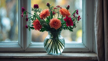 Poster - A vibrant flower vase filled with orange and red blossoms placed on a sunlit windowsill with a blurred colorful background.