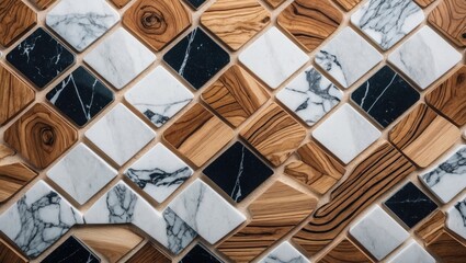 Poster - Elegant patterned surface featuring a mix of light and dark wooden tiles alongside white and black marble tiles arranged in a diamond layout.