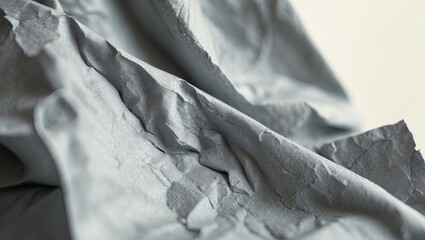 Fototapete - Crinkled grey recycled paper texture with soft shadows and light highlights providing ample copy space for design elements centered on a pale backdrop