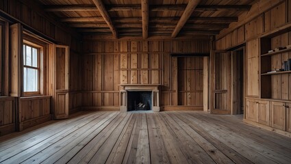 Poster - Rustic wooden interior featuring empty room with wooden walls, beams and floor, centered fireplace, two windows allowing natural light.