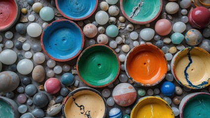 Poster - Colorful circular bowls filled with painted patterns surrounded by assorted marbles in various colors, positioned on a textured surface.