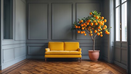 Poster - Bright interior with a yellow sofa against gray walls, featuring a tangerine tree in a planter, and a warm parquet floor, creating a cozy atmosphere.