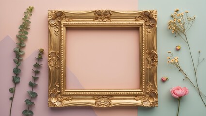 Poster - Elegant gold wooden frame centered on a pastel pink and blue background with dried flowers arranged around it for a sophisticated design aesthetic.