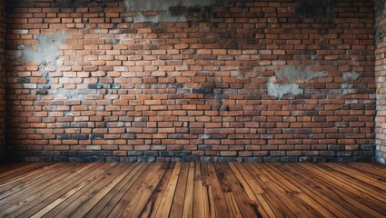 Poster - Grunge brick wall in shades of red and brown with distressed wooden flooring in warm brown tones creating an industrial room setting.