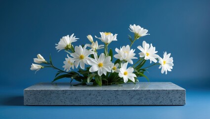 Leinwandbilder - Elegant arrangement of white flowers with yellow centers atop a textured gray stone base, set against a soft blue background.