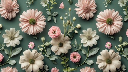 Aufkleber - Delicate floral arrangement featuring soft pink and white flowers against a muted green background with lush green leaves and tiny buds.