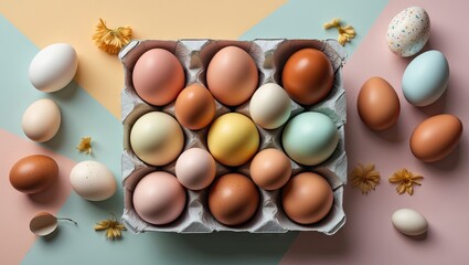 Poster - Colorful assortment of eggs in a paper tray on a pastel geometric background with floral accents, featuring light pink, blue, yellow, and brown hues.