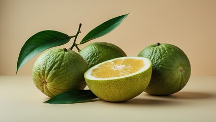 Aufkleber - Fresh green pomelo citrus fruits arranged artistically with vibrant leaves on a soft pastel beige background showcasing textures and colors.