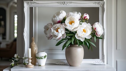 Poster - Elegant home interior showcasing a white decorative frame, large white peonies in a beige vase, with subtle candle and ceramic accents.