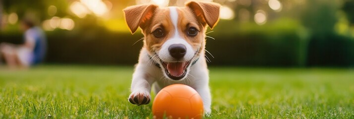 Poster - Energetic puppy joyfully chases orange ball in lush green park during golden hour