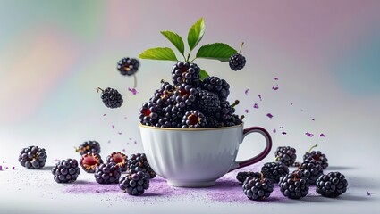 Poster - Vibrant bowl filled with ripe mulberries topped with green leaves, scattered berries around on a soft pastel background, creating a fresh aesthetic.