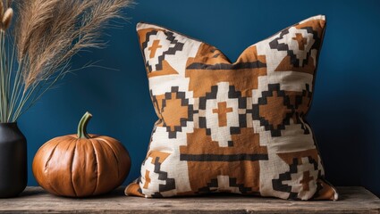 Aufkleber - Decorative pillow with brown geometric design on textured fabric, positioned against a vibrant blue wall, alongside a rustic pumpkin and a vase.