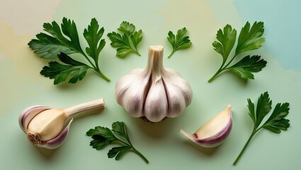 Aufkleber - Fresh garlic bulb and cloves surrounded by green parsley leaves, arranged artistically on a soft pastel green background.