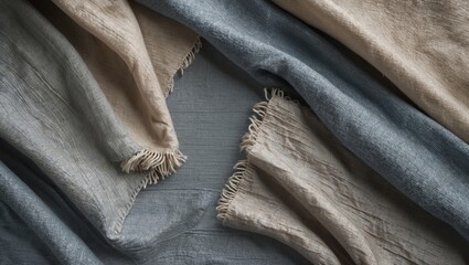 Fototapete - Soft linen fabric texture in muted tones of blue and beige, layered with frayed edges, creating a spacious area for text or design.