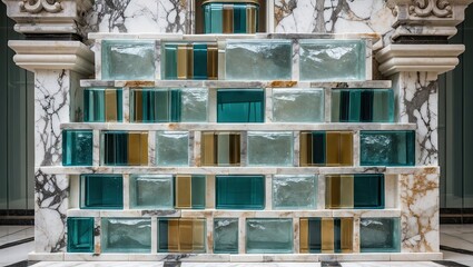 Fototapete - Glass brick wall design with alternating teal and amber colors, set against a sophisticated marble backdrop with intricate veining patterns.