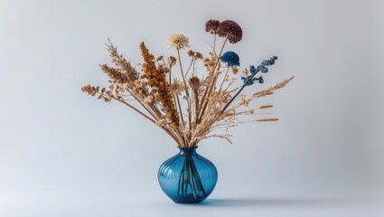 Leinwandbilder - Dried flowers in a blue vase with textured design positioned centrally against a soft white background creating a serene and elegant atmosphere.
