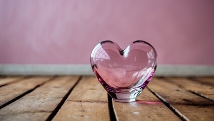 Poster - Heart-shaped pink glass vase resting on rustic wooden floor with warm tones, against a soft pastel pink wall in the background.