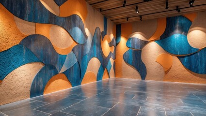Fototapete - Abstract wall design featuring blue and orange wavy patterns with textured surfaces against a modern interior showcasing shadows and lighting.