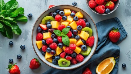 Poster - Colorful mixed fruit salad featuring strawberries, blueberries, kiwi, and raspberries in a bowl with mint garnish on a gray background with copyspace.