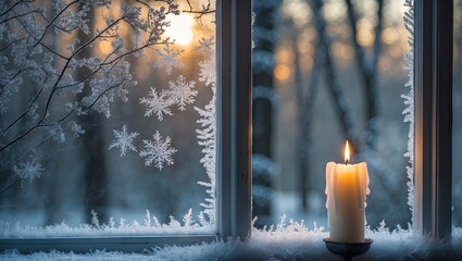 Poster - Cozy winter scene featuring a frosted window with intricate snowflakes and a glowing candle on a soft white surface, warm orange sunset backdrop.