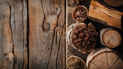 Aufkleber - Natural wood texture background with wooden logs and spices arranged on the left, dark tones with light highlights creating rustic ambiance.